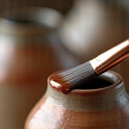 Un pennello morbido che applica delicatamente uno smalto color rame e brunito su un vaso di ceramica parzialmente smaltato.